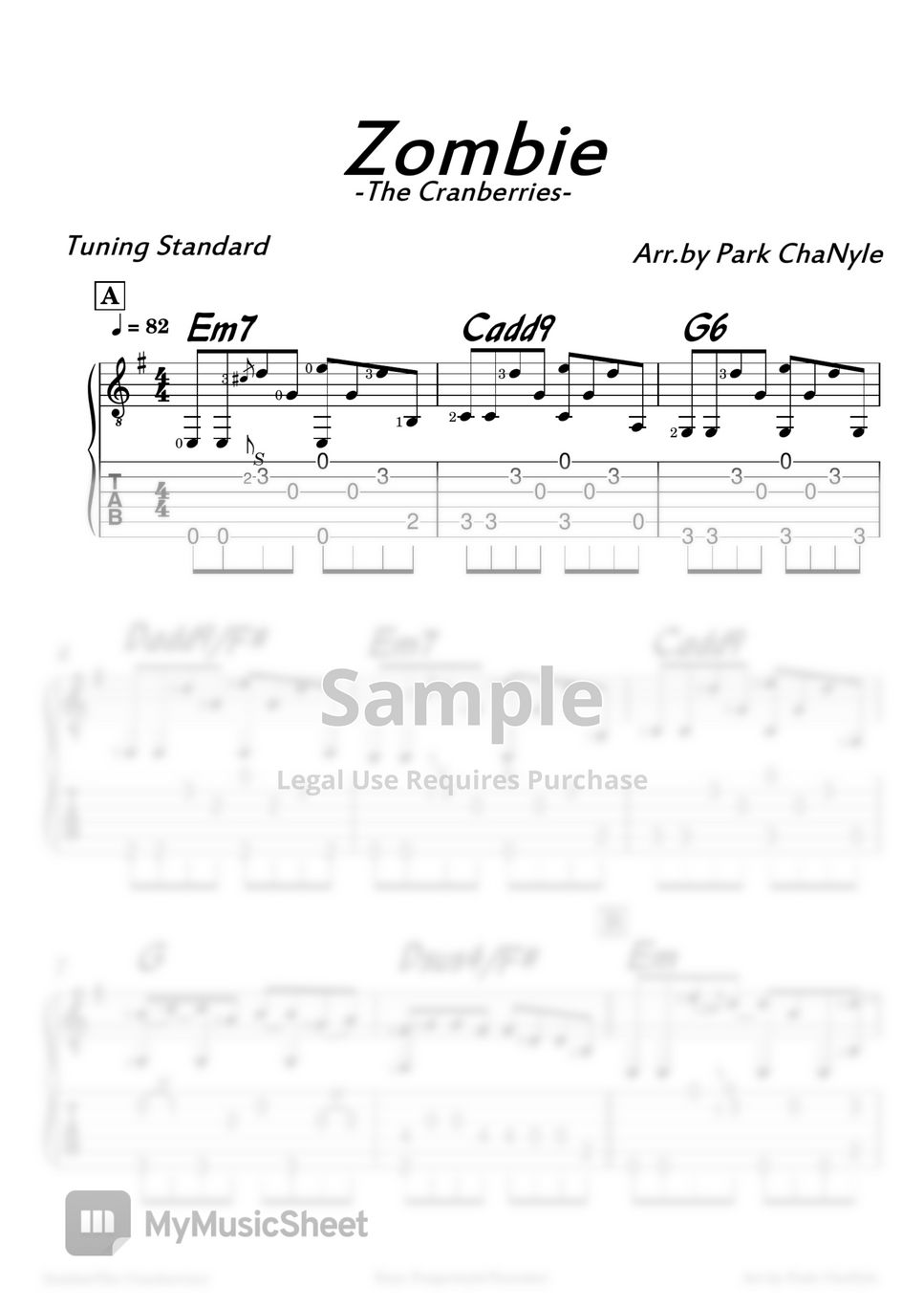 The Cranberries Zombie (Acoustic Fingerstyle Guitar) Tab + 1staff by Park ChaNyle