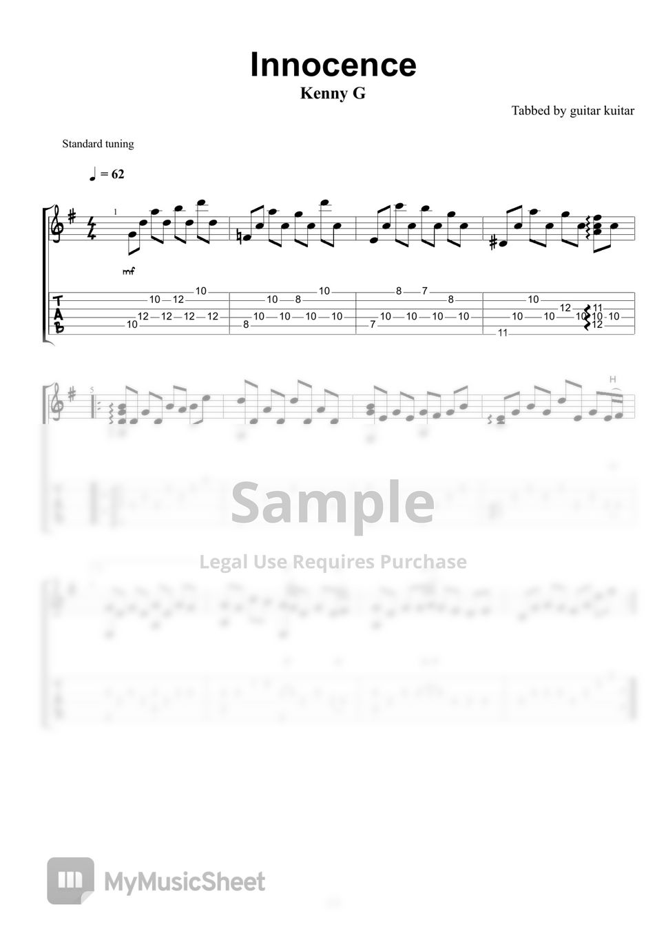 Kenny G Innocence (Guitar TAB) Tab + 단선 악보 by guitar kuitar