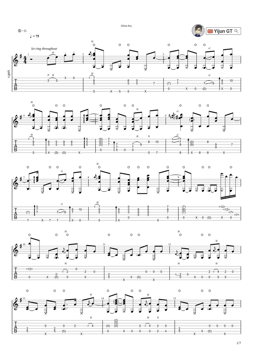 Glenn frey the one you love sheets by yijun gt