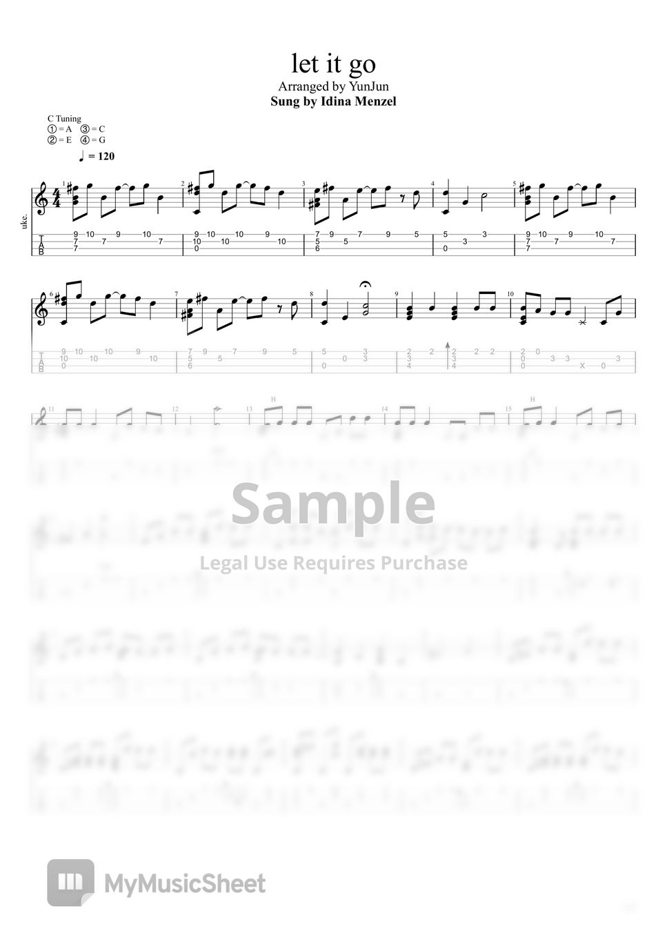 Idina Menzel Let It Go (Ukulele) (Fingerstyle/우쿨렐레) Sheets by YunJun