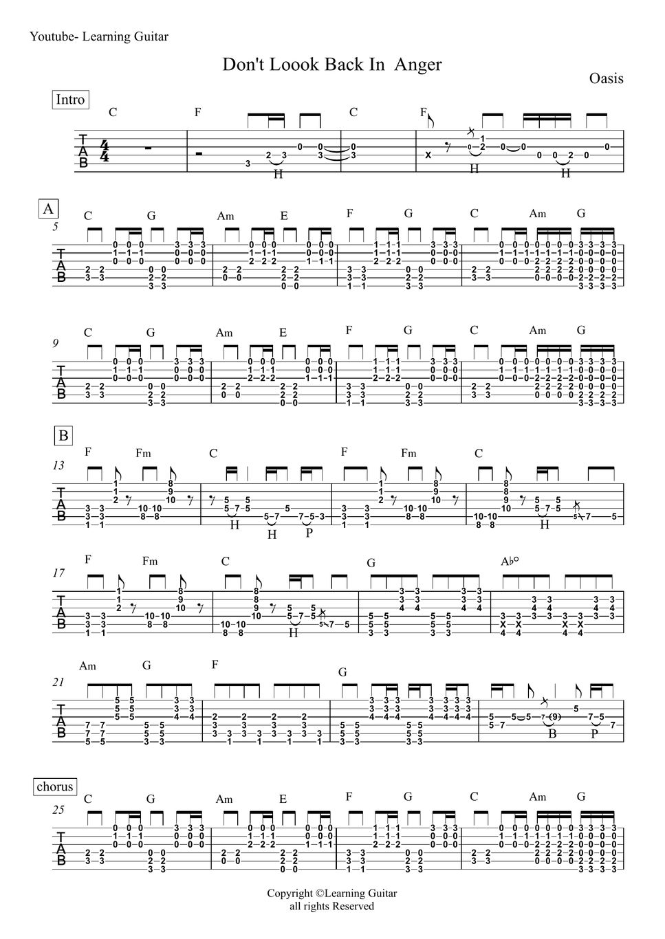 Oasis don t look back in anger full song guitar tab partition