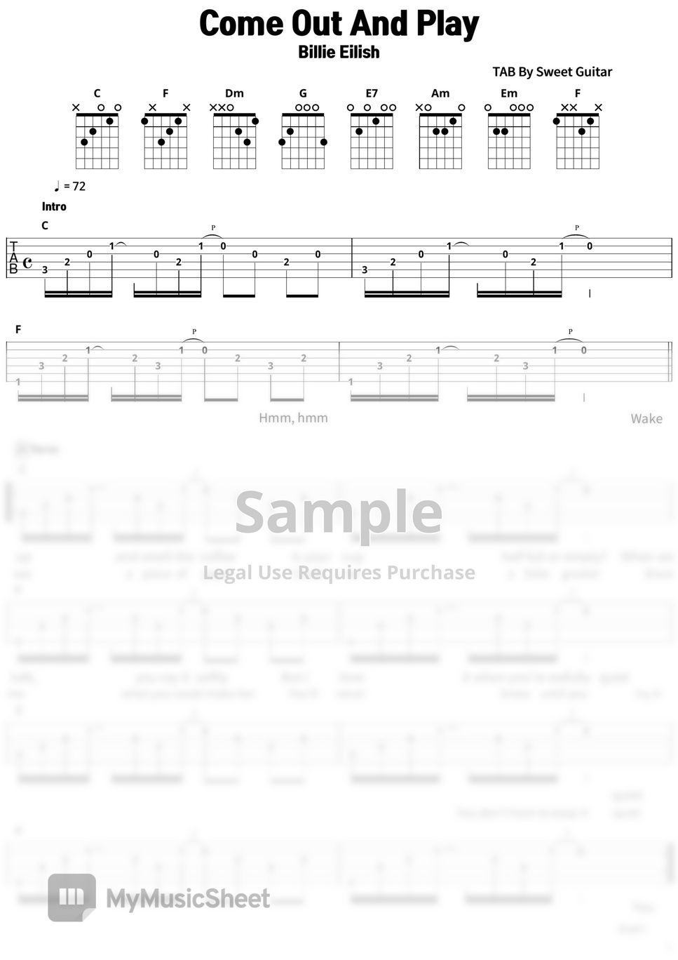 Billie Eilish Come Out And Play (Guitar TABs Chords Lesson 기타 코드 타브