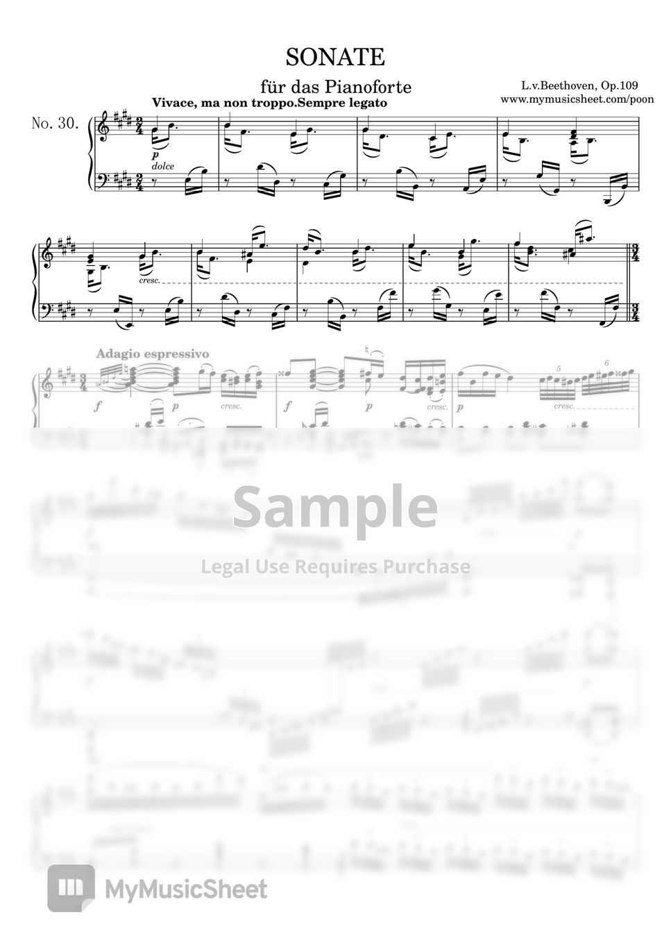 L.v.Beethoven - Beethoven SONATE No.30 Op.109 für das Pianoforte piano solo sheet Sonata in E-dur by poon