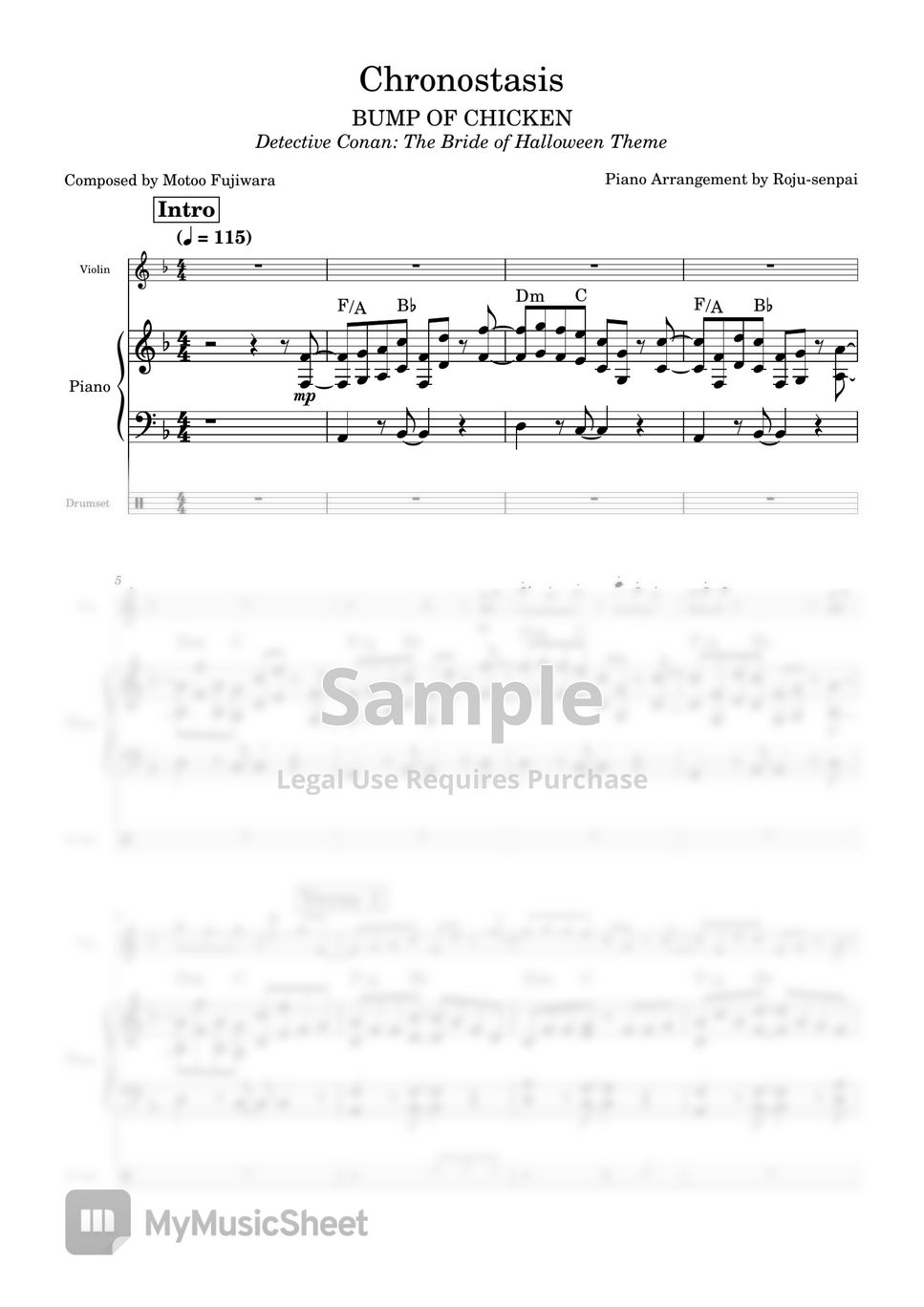 BUMP OF CHICKEN - Chronostasis (Piano + Violin + Drums Sheet Music with MIDI & MSCZ - Revised) by Roju-senpai