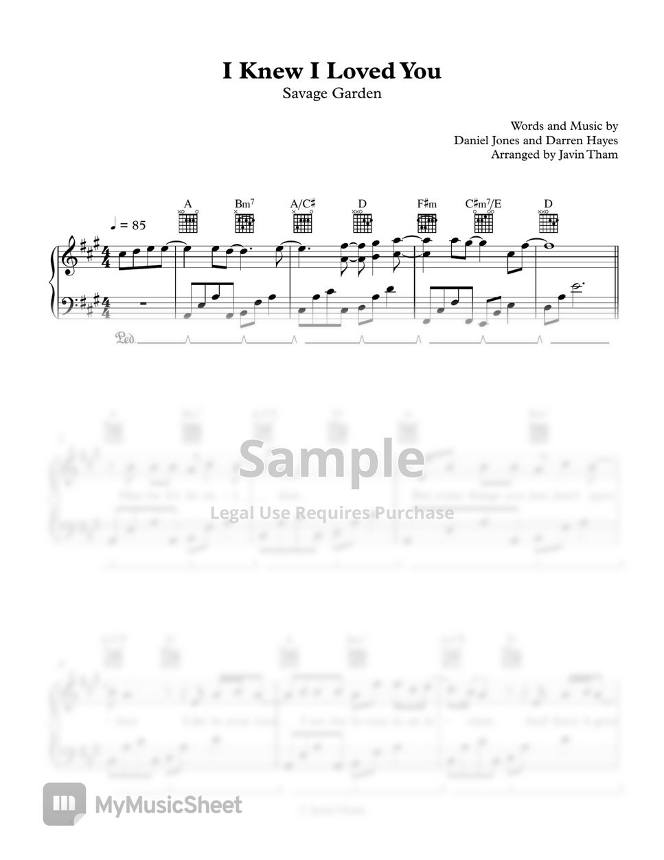 Savage Garden I Knew I Loved You Sheets by Javin Tham