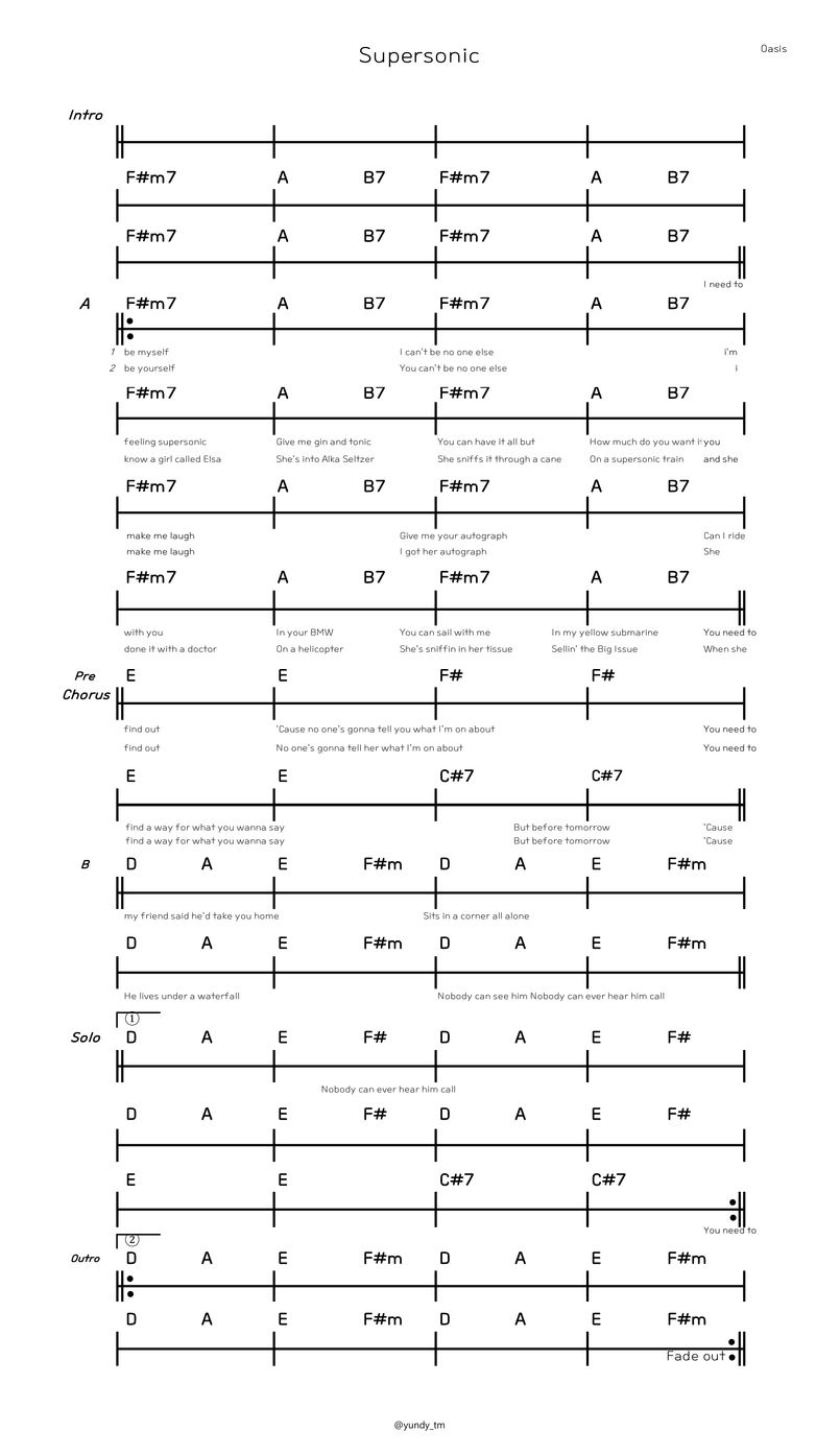 Oasis supersonic 1st 2st eg chord lyrics sheets by yundy tm