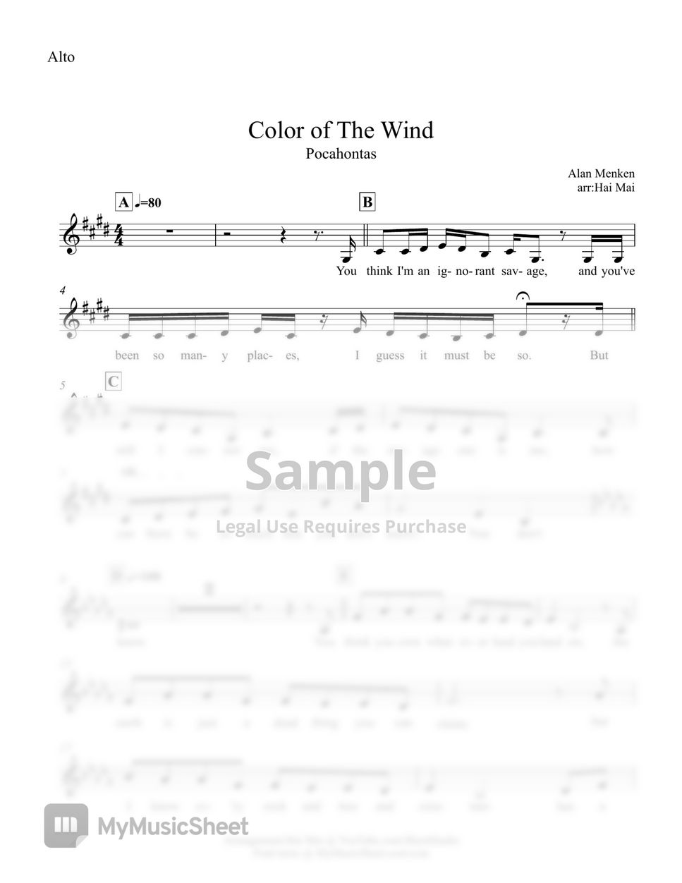 Alan Menken - Color of The Wind(Pocahontas) for Orchestra and Singer - Set of Part by Hai Mai