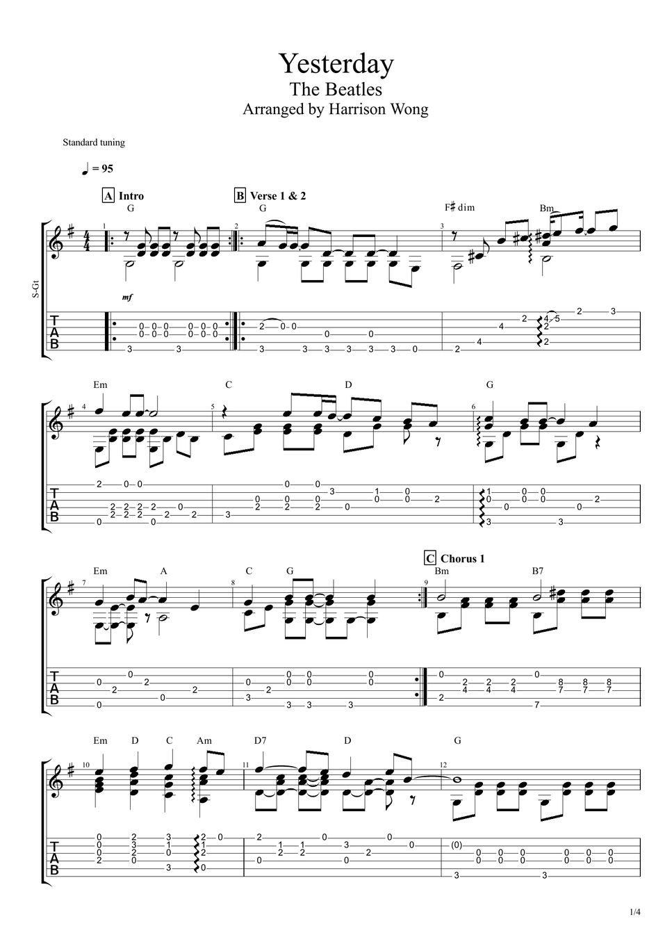 The Beatles Yesterday (Fingerstyle) タブ + 五線譜 by Harrison Wong