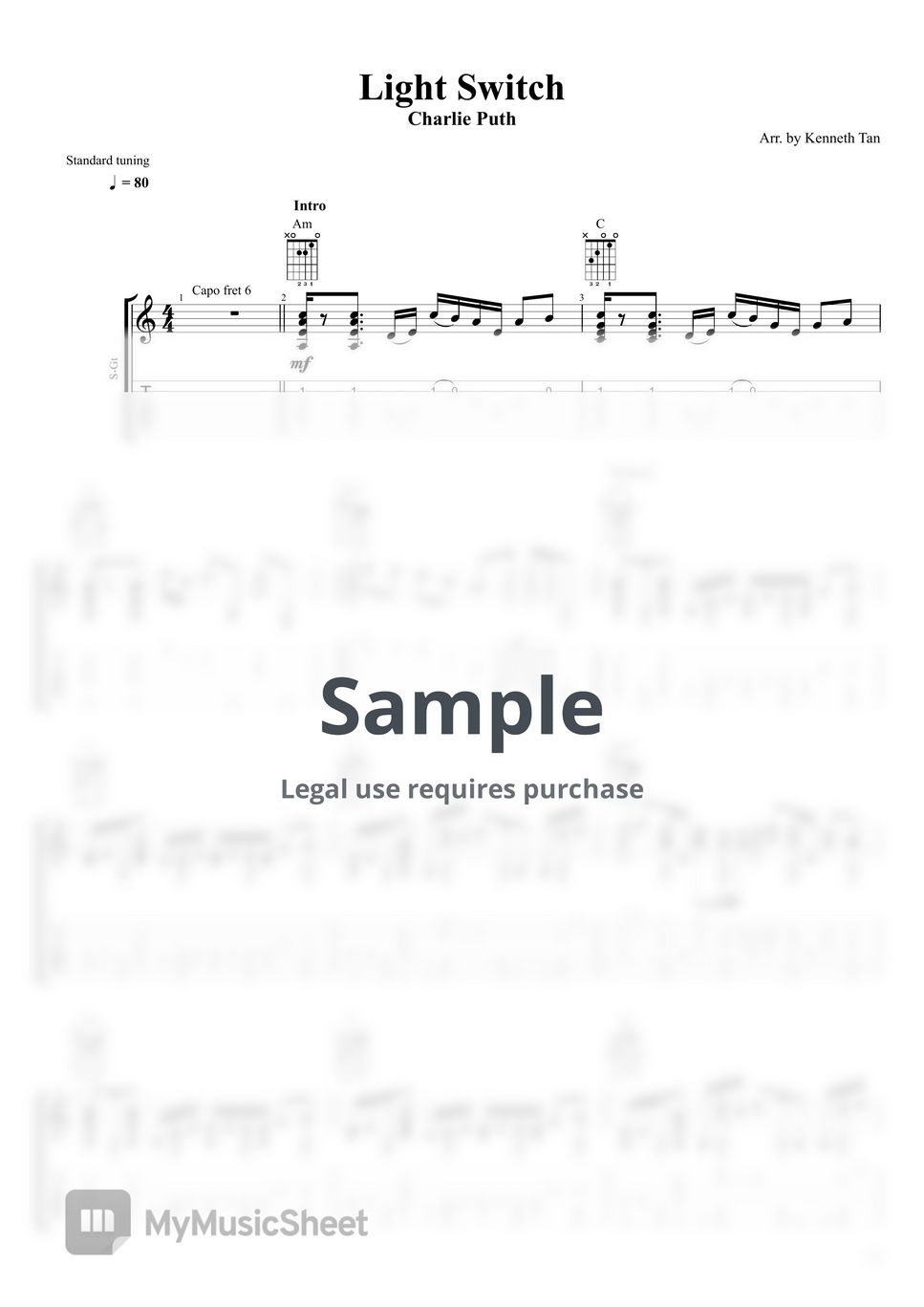 Charlie Puth Fingerstyle Guitar Light Switch Sheets by Acoustic