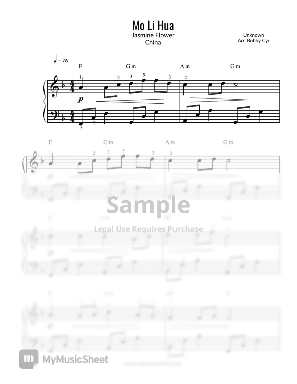 Chinese Traditional song Jasmine Flower Mo Li Hua (Easy Piano Solo