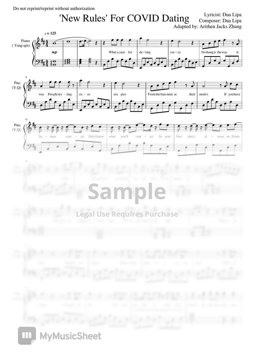 Dua lipa has new rules for covid dating piano yang qin sheets by