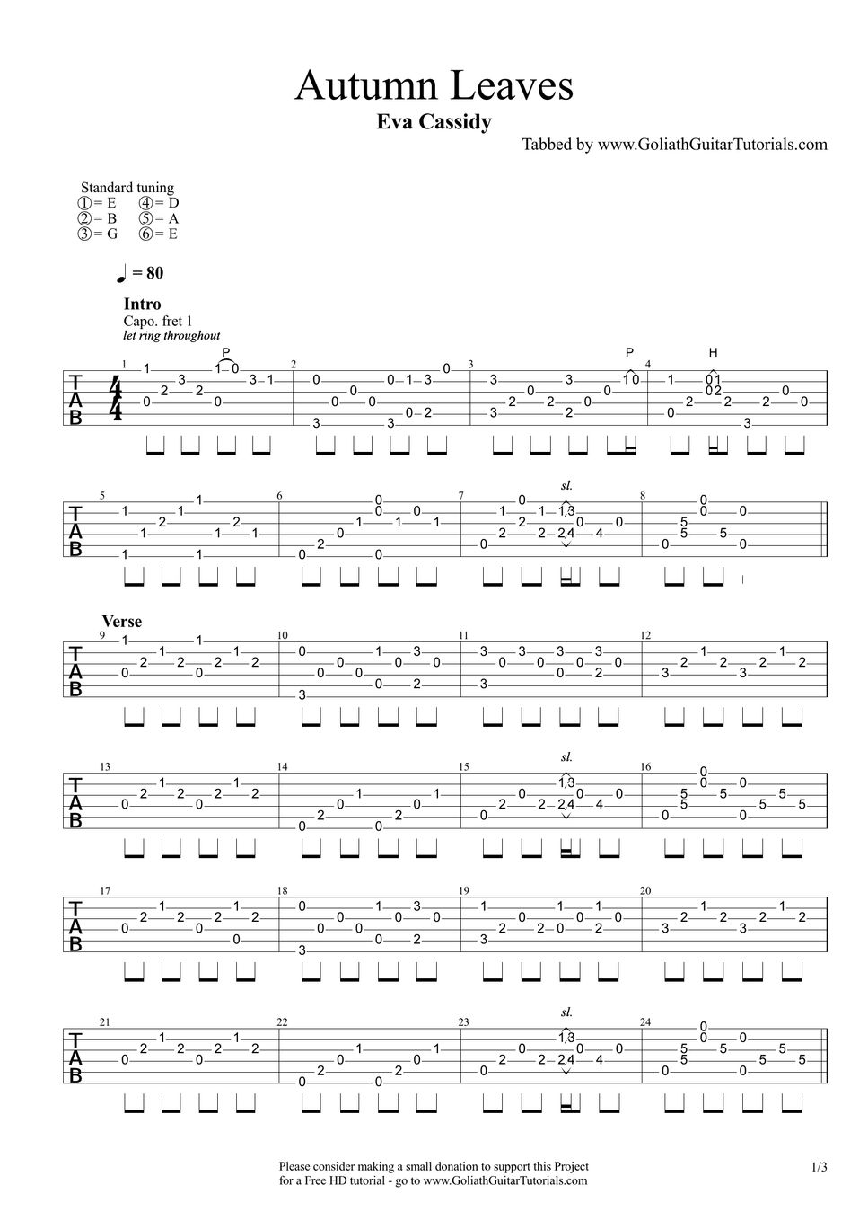 Eva Cassidy Autumn Leaves Sheets by Goliath Guitar Tutorials