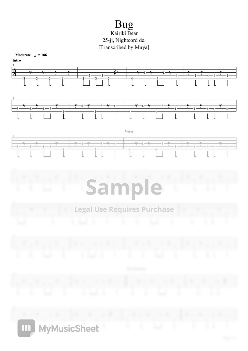 Lyricページ 25-ji, Nightcord de. - Bug (Bass TAB) Sheet Music by Muya Rizal