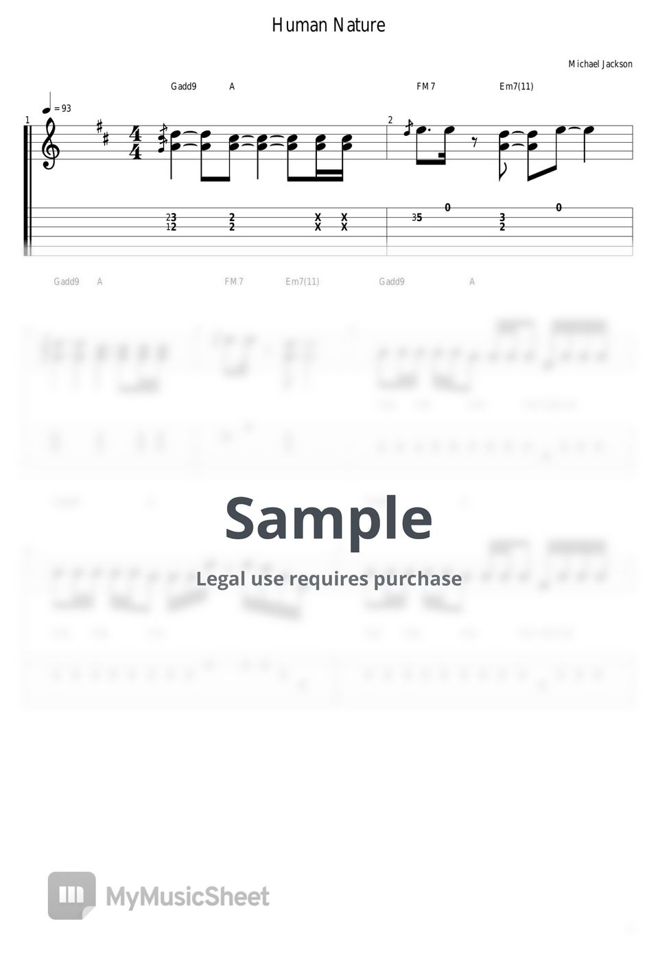 Michael Jackson - Human Nature Tab + 1staff by guitar cover with tab