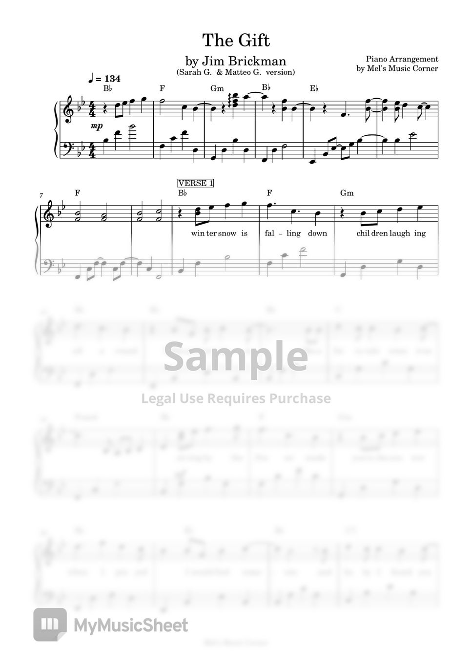 Jim Brickman - The Gift (piano sheet music) by Mel's Music Corner