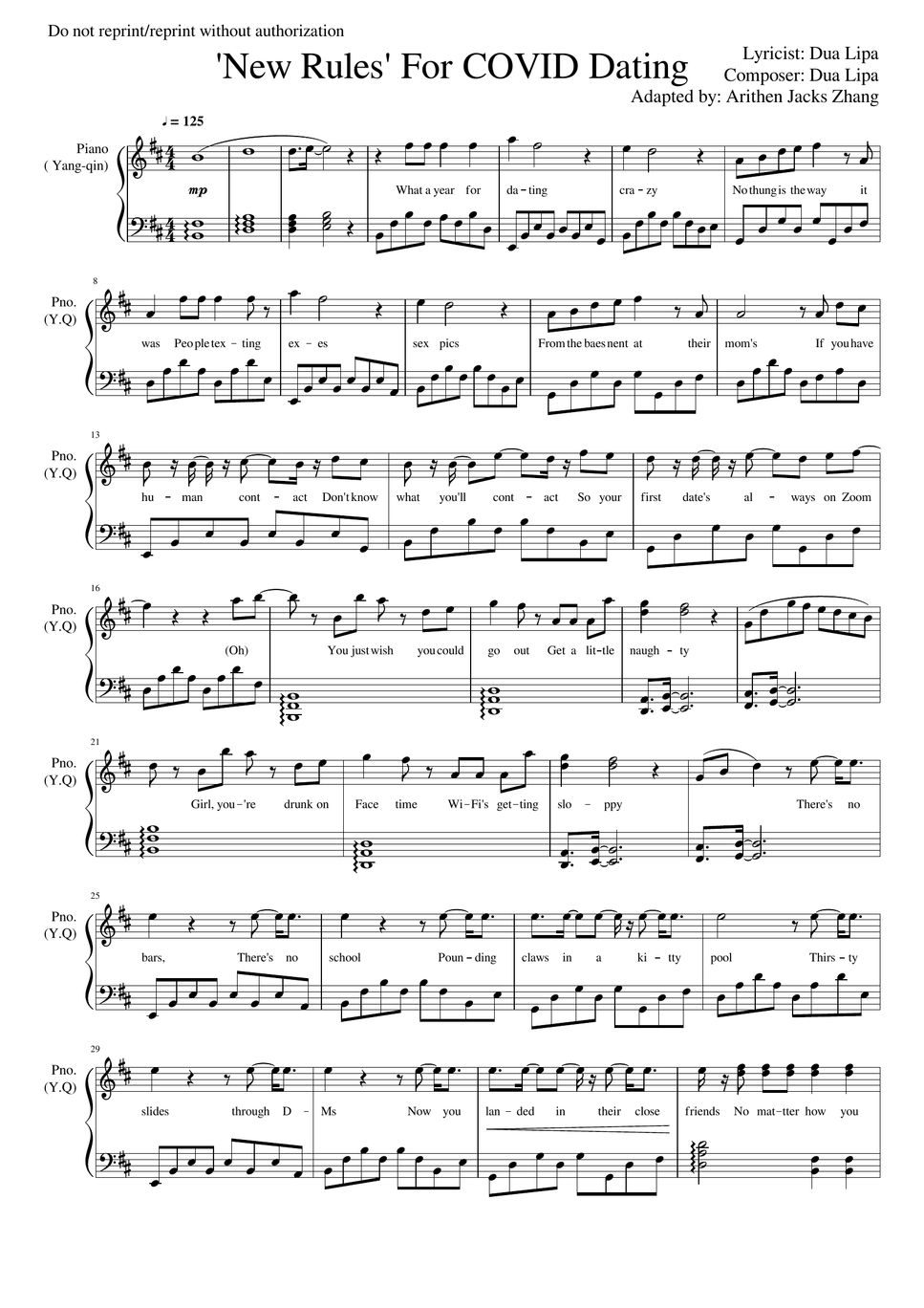 DUA LIPA Has 'New Rules' For COVID Dating (Piano, Yangqin) Sheets by