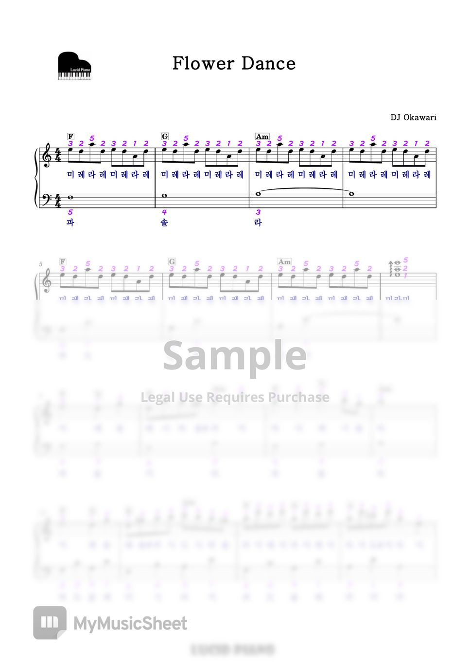 DJ Okawari Flower Dance(플라워 댄스) (손가락번호, 코드 포함 다장조 계이름 악보) Sheets by
