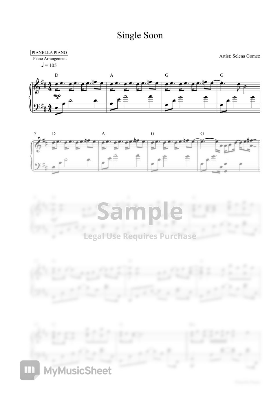 Selena Gomez - Single Soon (Piano Sheet) by Pianella Piano