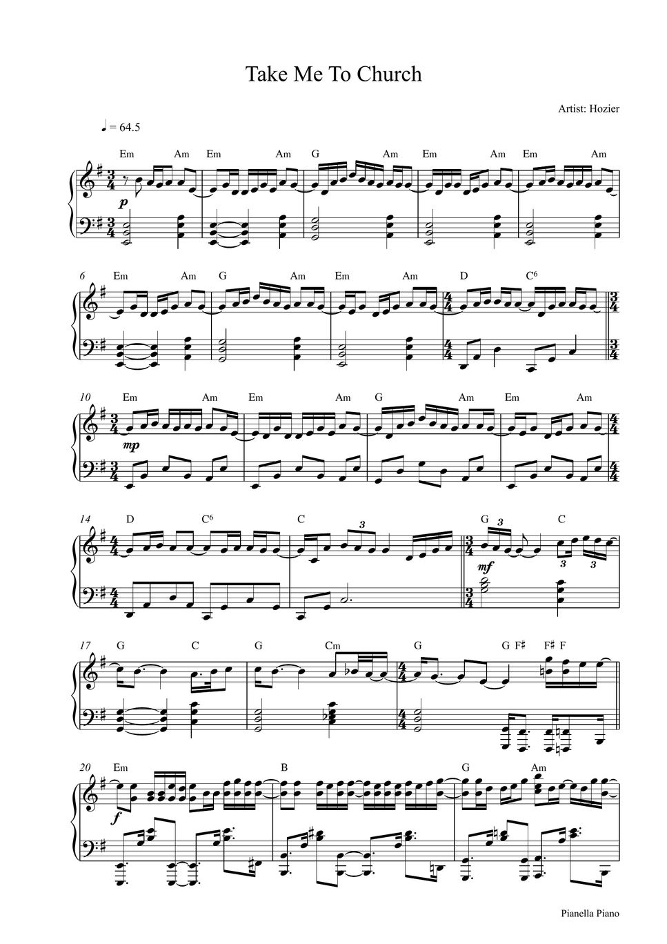 Hozier Take Me To Church Piano Sheet Sheets By Pianella Piano