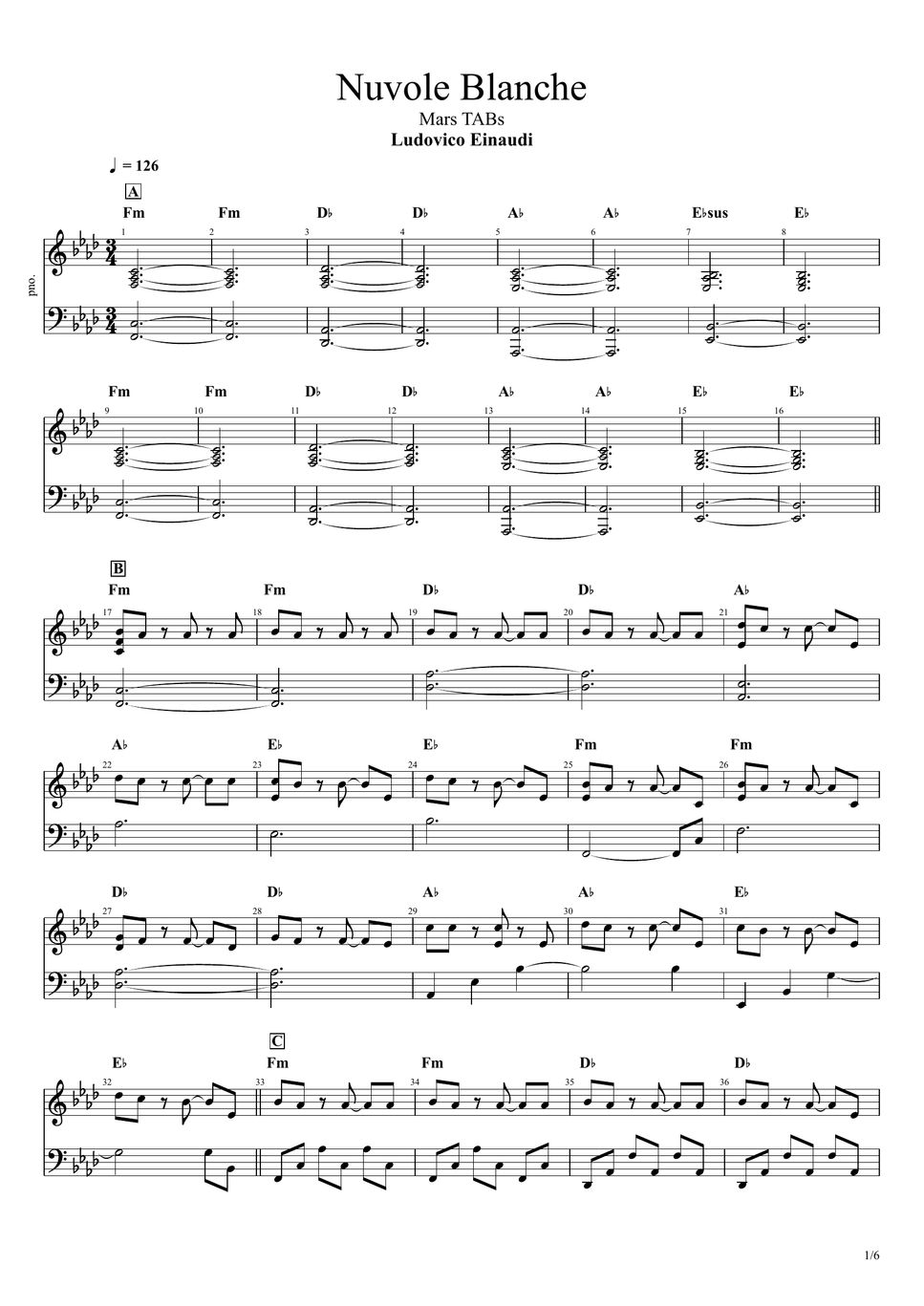 Ludovico Einaudi Nuvole Bianche Piano Sheet Sheets By Mars TABs