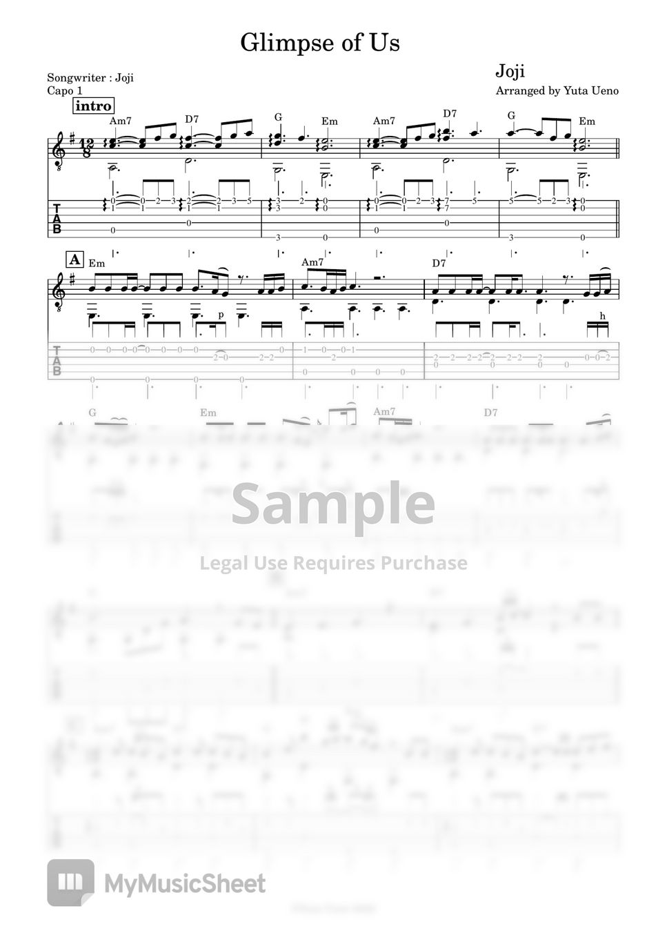 Joji Glimpse of Us (Fingerstyle) Tab + 1staff by Yuta Ueno