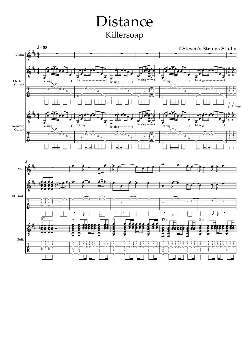 Killersoap Distance (Violin Guitar Trio) Sheet by Steven's Strings Studio