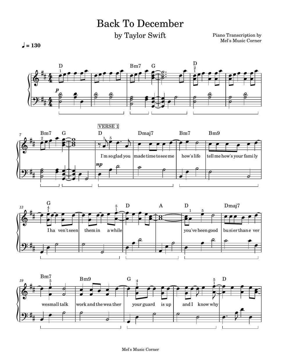 Taylor Swift - Back to December (piano sheet music) by Mel's Music Corner