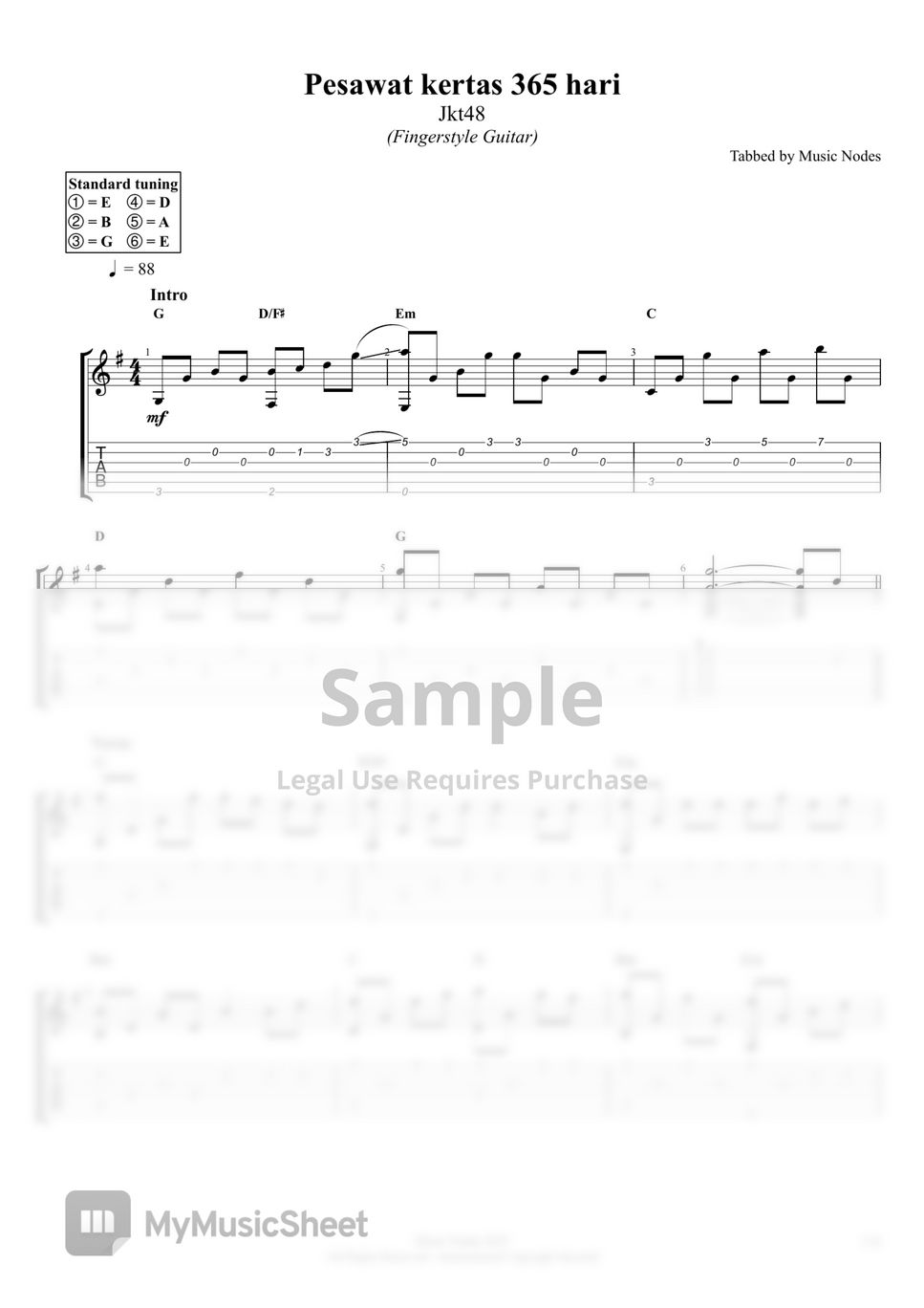 Jkt48 (Fingerstyle Guitar Tabs Cover) - Pesawat kertas 365 hari by Music Nodes