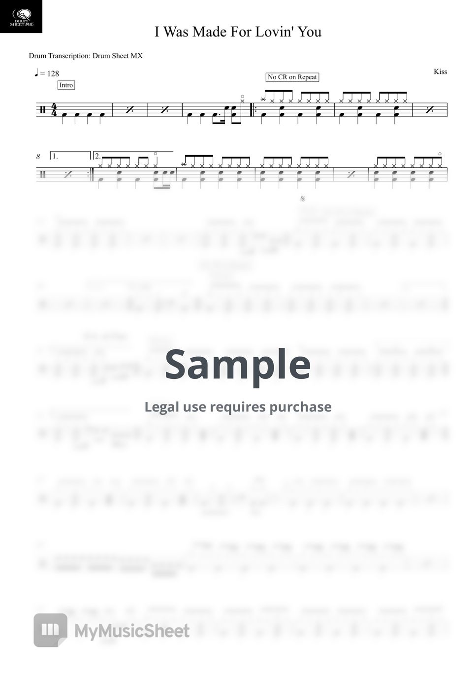 Kiss - I Was Made For Lovin' You by Drum Transcription: Drum Sheet MX