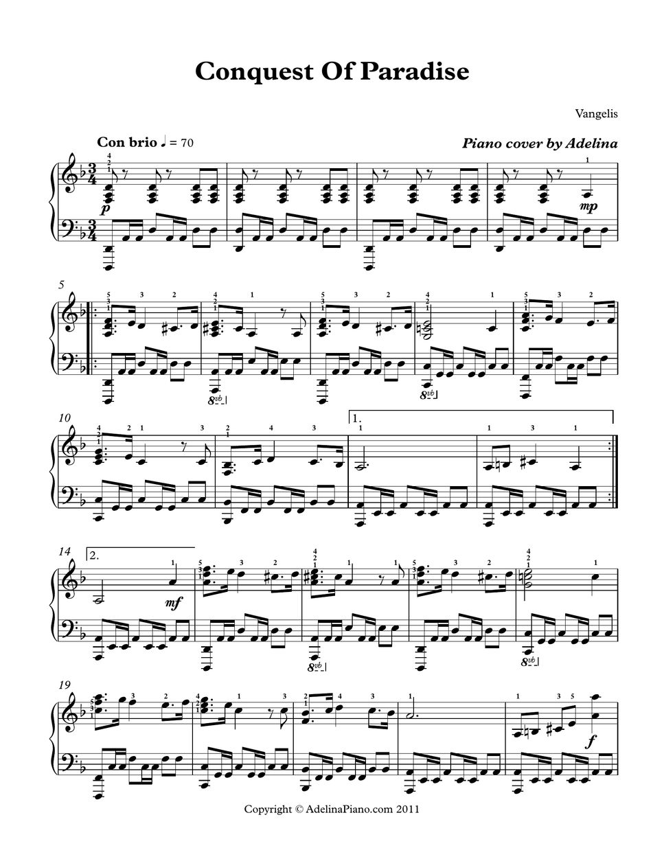 Vangelis conquest of paradise sheets by adelina piano