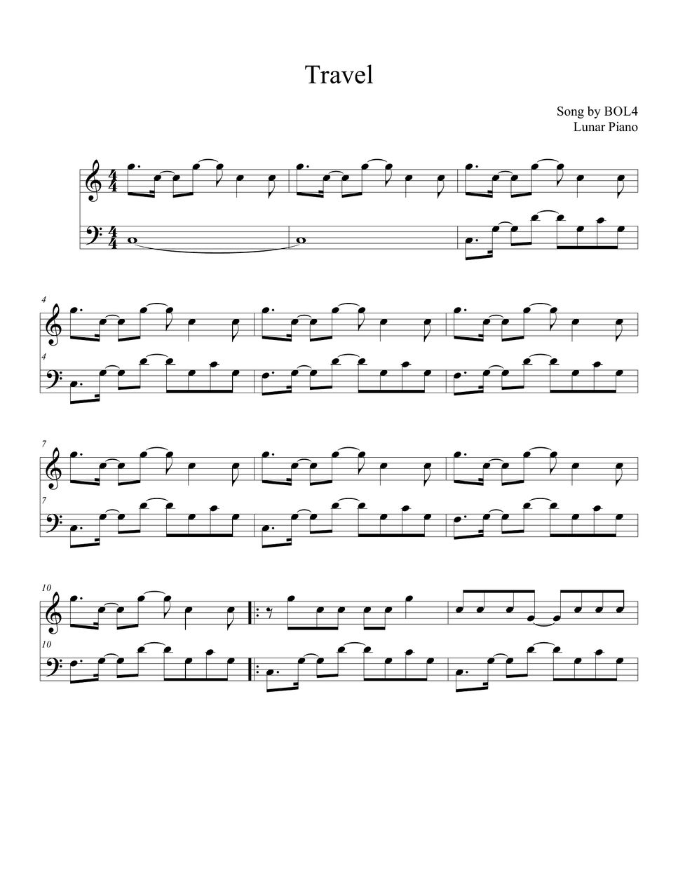 Bol4 travel easy key sheets by lunar piano