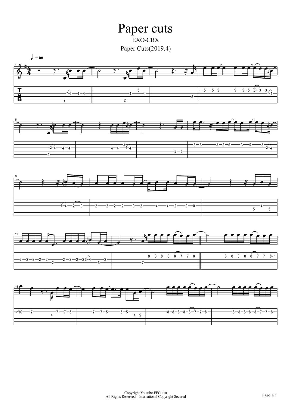 EXOCBX Paper Cuts Guitar Cover. TAB