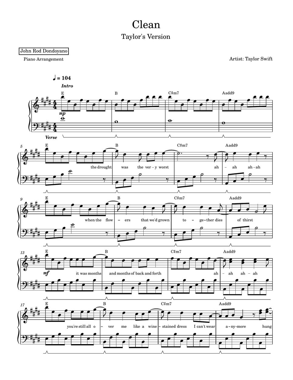 Taylor Swift Clean (Taylor's Version)(PIANO SHEET) Sheets by John Rod