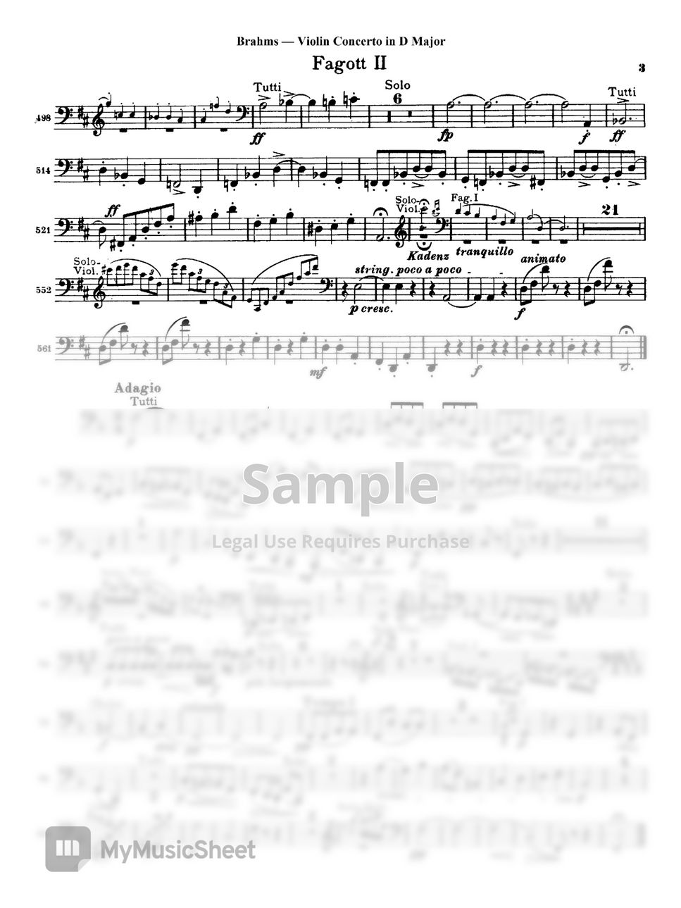 J.Brahms Violin Concerto 2nd mov. (2nd Bassoon Part) Sheets by Original Sheet
