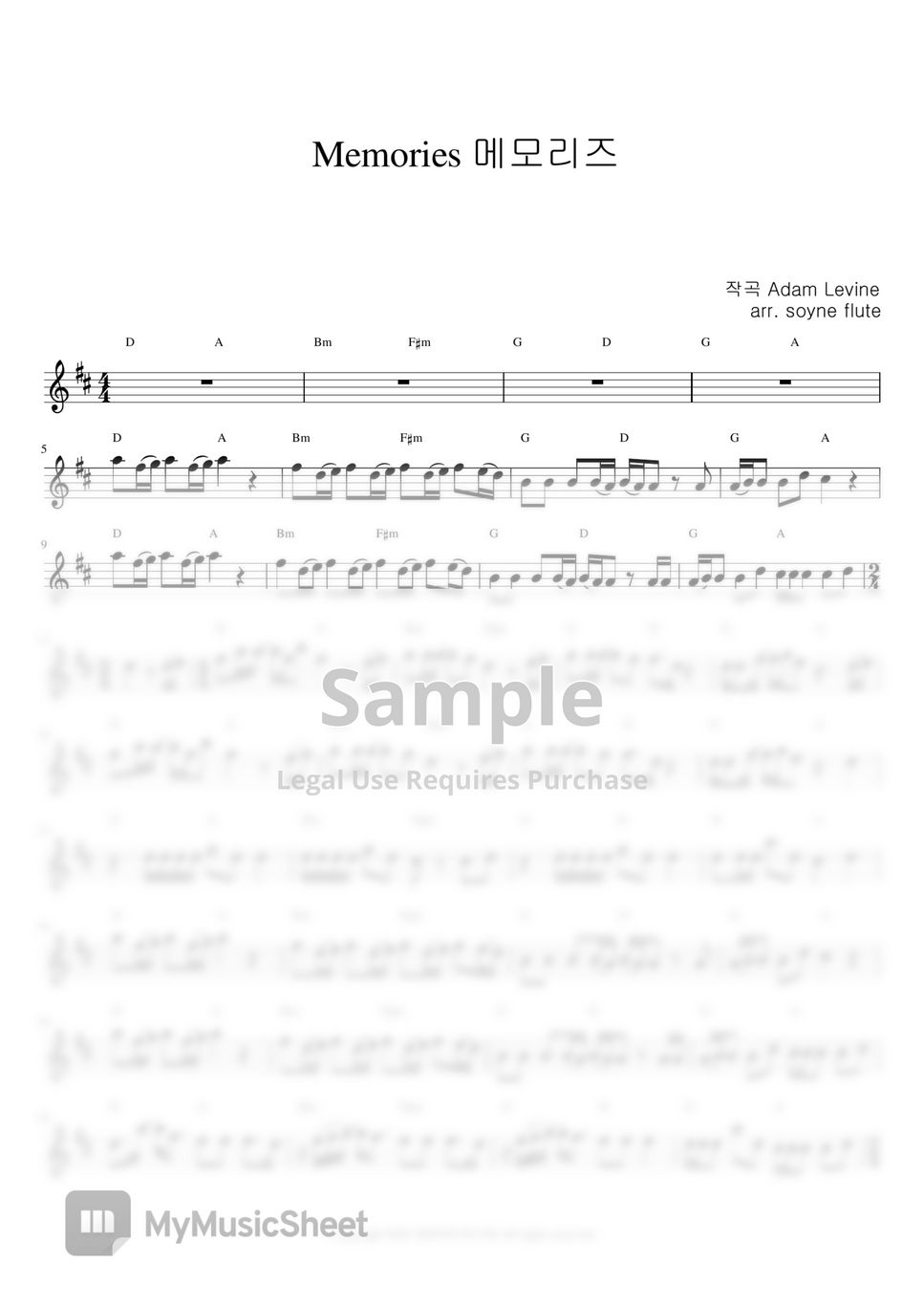 Maroon5(마룬 파이브) - Memories(메모리즈) D Major (Flute Sheet Music Easy) by SONYE FLUTE