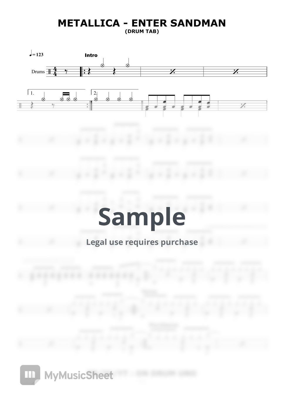 Metallica - Enter Sandman Sheets by ON DRUM UNO