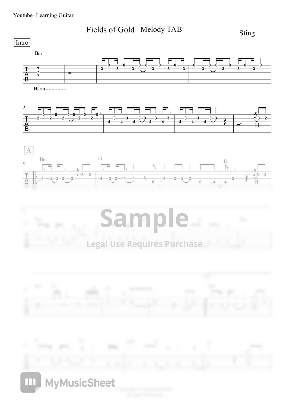Sting - Fields of Gold (Melody TAB) by Learning Guitar