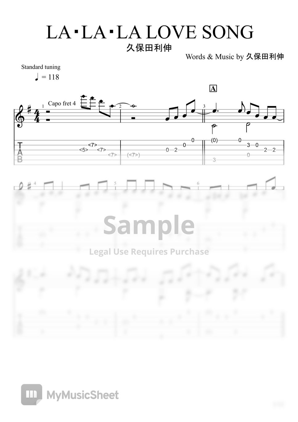 Toshinobu Kubota - LA・LA・LA LOVE SONG (Fingerstyle) Sheet
