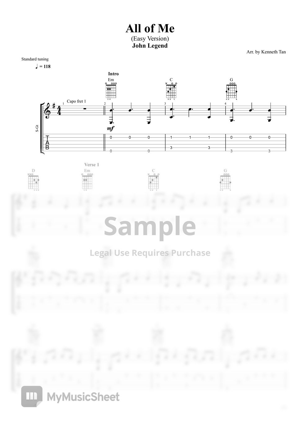 All Of Me - John Legend  Easy Guitar Tab 