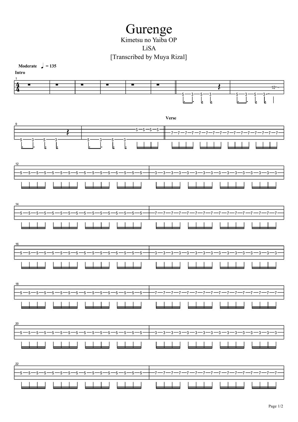 Lisa Gurenge Bass Tab Short Ver 악보 By Muya