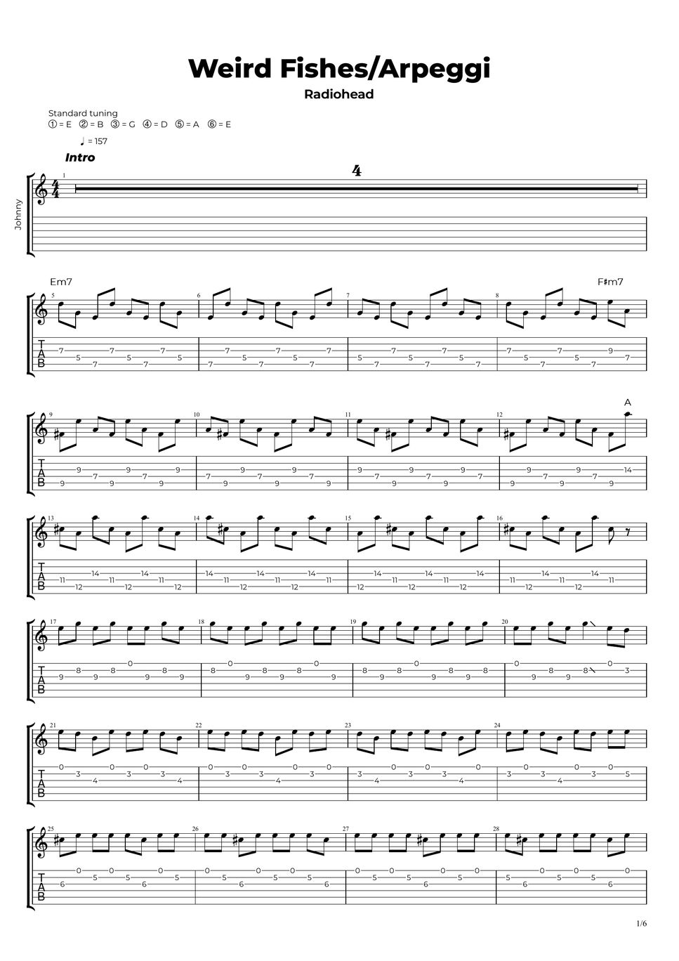 Radiohead Weird Fishes/Arpeggi Sheets by Nikola Gugoski