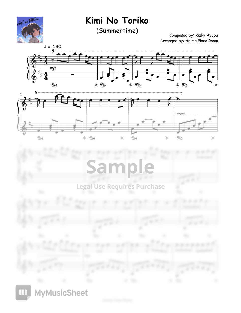 Summertime (Kimi no Toriko) Sheet music for Piano (Solo) Easy