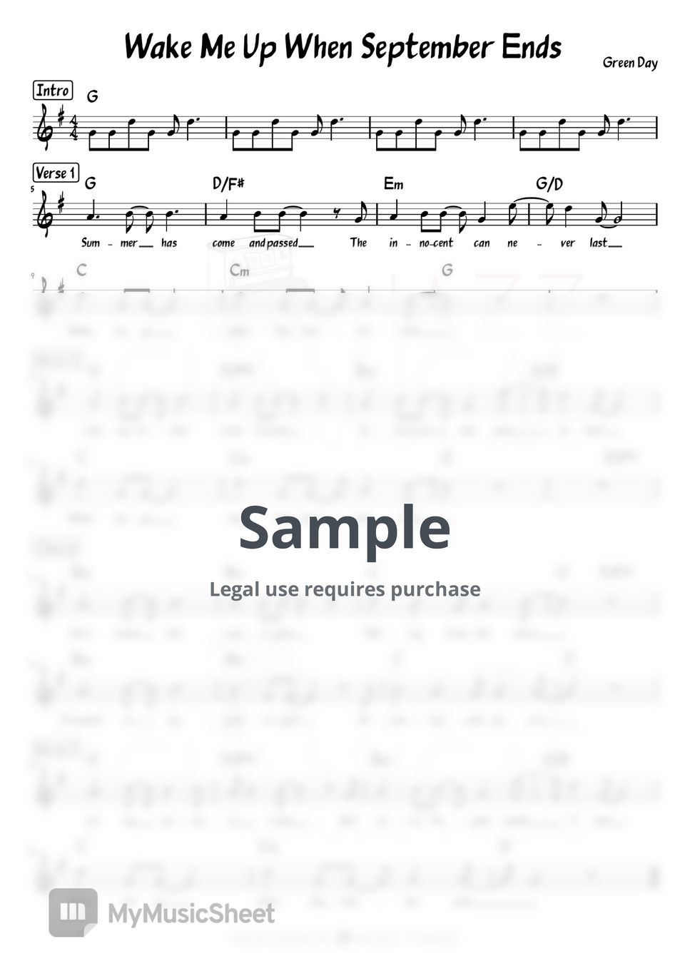 Green Day - Wake Me Up When September Ends Sheets by Jazz Classical