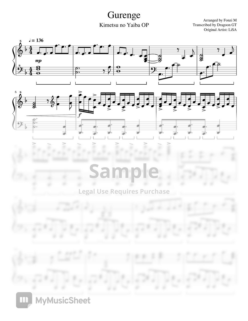 Kimetsu no Yaiba OP: Gurenge Sheet music for Piano (Solo)