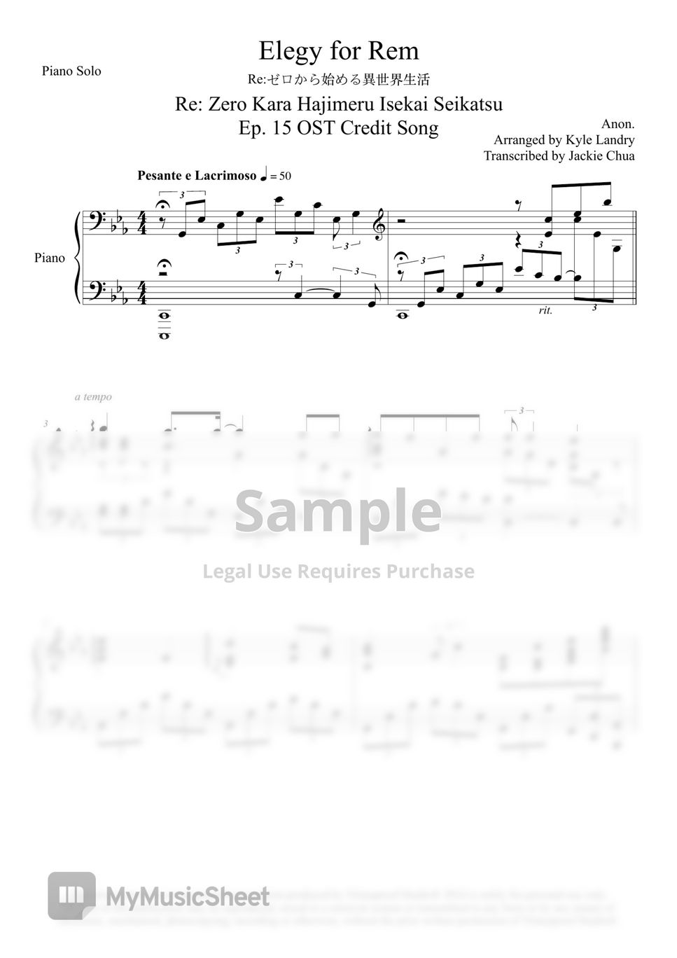 Re: Zero | Re:ゼロから始める異世界生活 | Re: Zero Kara Hajimeru Isekai Seikatsu | Ep. 15 OST Credit Song - Elegy for Rem (Solo Piano) by Jackie Chua