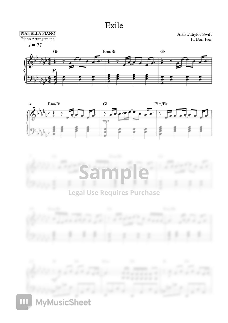 Taylor Swift Ft Bon Iver Exile Piano Sheet Sheets By Pianella Piano 