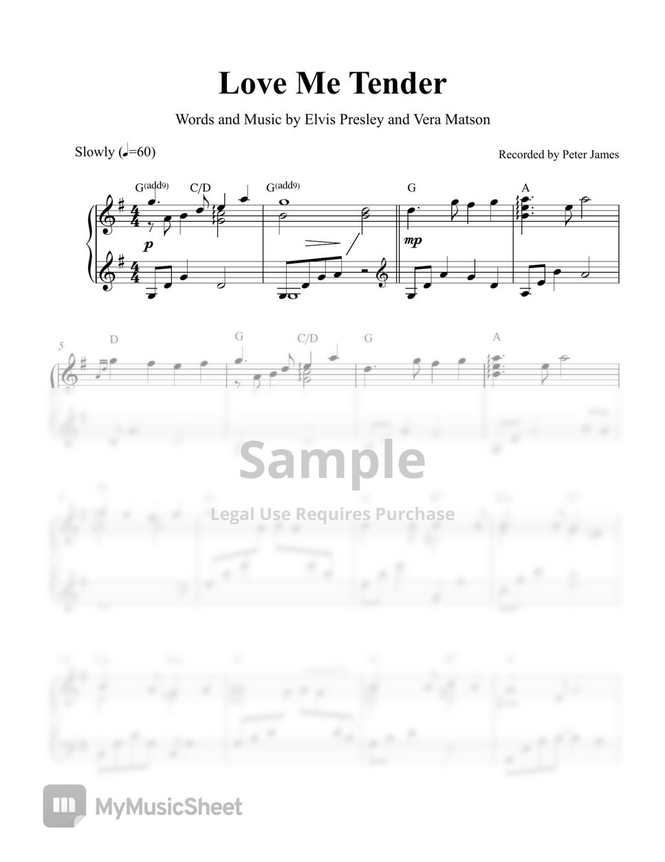 Love Me Tender (Elvis Presley) - Easy Piano Sheet Music