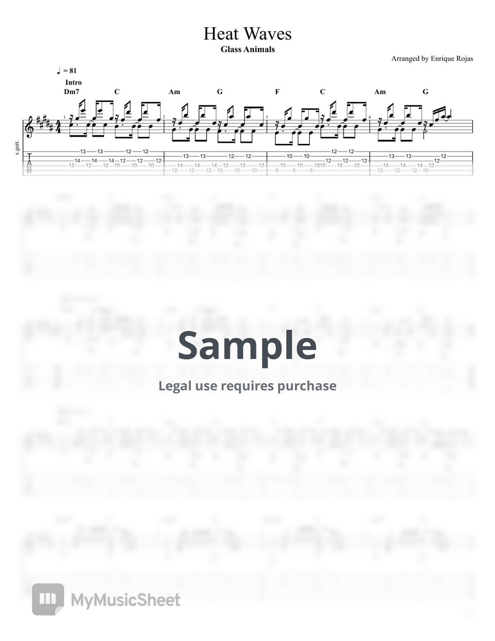Glass Animals Heat Waves (Fingerstyle Guitar) Tab + 1staff by Enrique