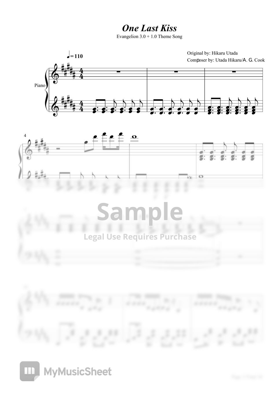 Utada Hikaru/A. G. Cook - One Last Kiss (One Last Kiss,Utada Hikaru,（from Rebuild of Evangelion）Piano Solo Sheet) by poon