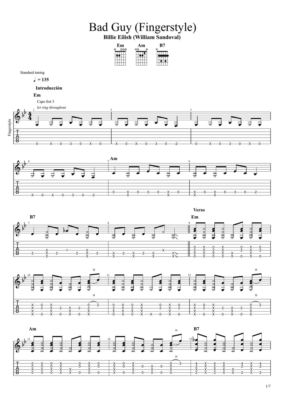 Billie Eilish Bad Guy (Fingerstyle) Tab + 1staff by William Sandoval
